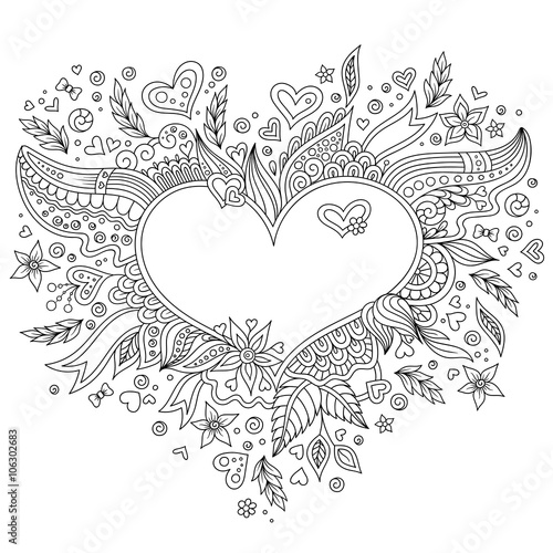 Coloring page flower heart St Valentine's day greeting card