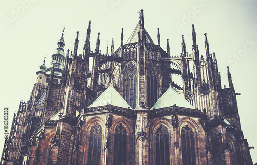 View of the St.Vitus Cathedral in Prague  Czech Republic. vintage effect