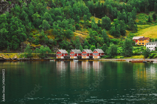 Fototapeta Red Wooden Docks In Town Of Flam, Western Side Of Norway Deep In