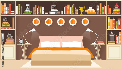 Bedroom Interior with furniture in flat style. Vector illustration. Bedroom design.