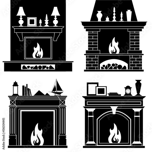 Set of fireplaces silhouettes. Vector illustration. Icons of different fireplaces isolated on white background