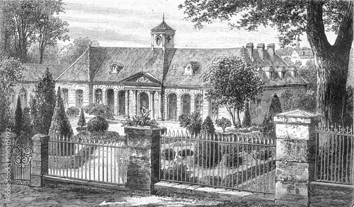 Courtyard and facade of Luxeuil Baths, vintage engraving. photo