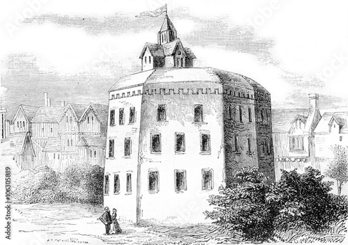 Fotografia The Globe Shakespeare theater in Southwark, vintage engraving.