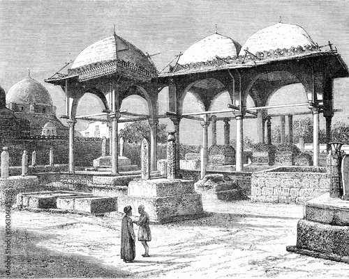 Tombs of the Mamelukes in Cairo, vintage engraving. photo