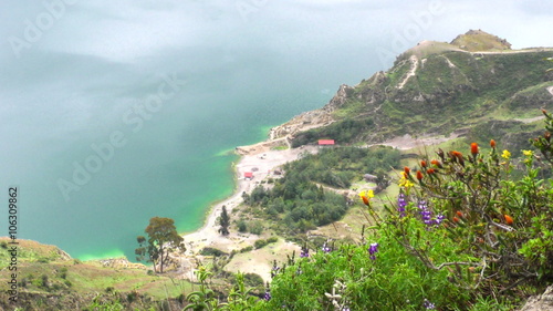 A high-angle wide shot of the turquoise Quilotoa crater lake in the Ecuadorian Andes, vibrant wildflowers in the foreground and a small settlement on the shore amid green hills.