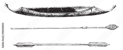 Birchbark canoe Tungus of central Amour, below, oars, vintage en