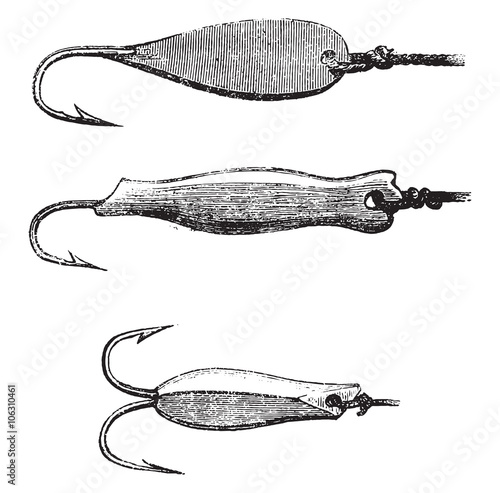 Various lures, vintage engraving.
