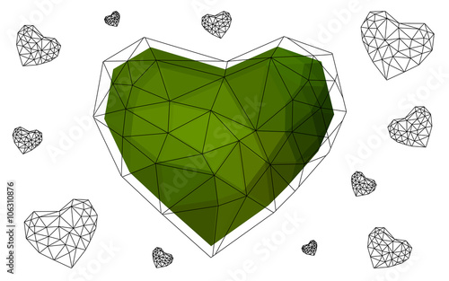 Dark green heart isolated on white background with pattern consisting of triangles.