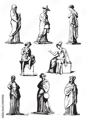 Louvre Museum, Greek terracotta statues, vintage engraving.