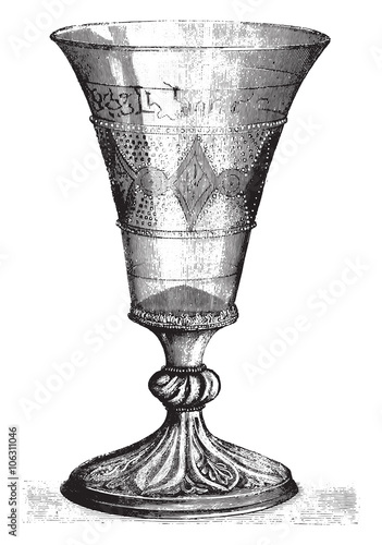 Archaeological Museum of Douai, Old glass chalice, says glass of