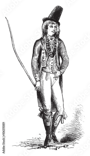 English Costume 1792, vintage engraving.