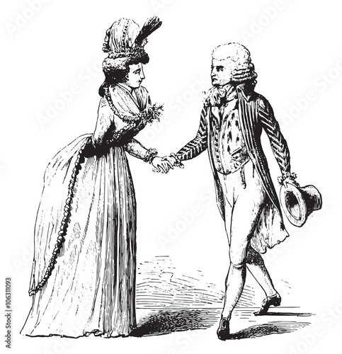 Bonnet, the houzarde and dress, dolman, vintage engraving.