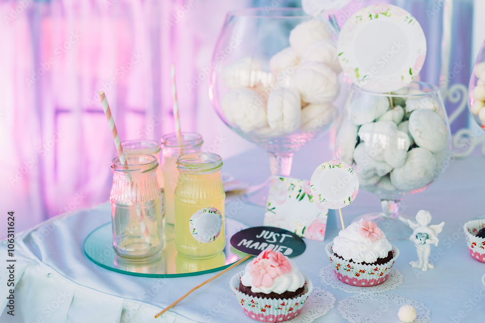 Dessert Sweet Tasty Cupcake In Candy Bar On Table. Delicious Swe Dessert Sweet Tasty Cupcake In Candy Bar On Table. Delicious Swe