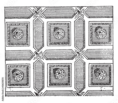 Coffered ceiling, vintage engraving.