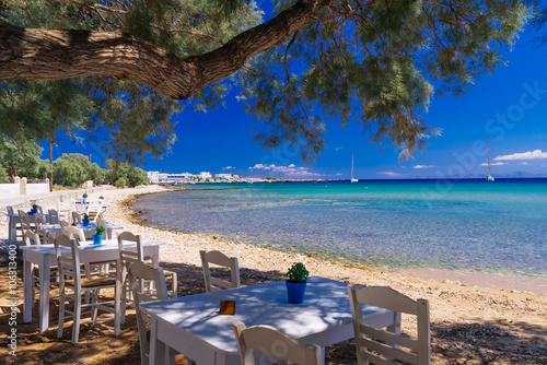 Cute little tavern in the olive shade on Paros island, cycladic paradise resort, Cyclades, Greece