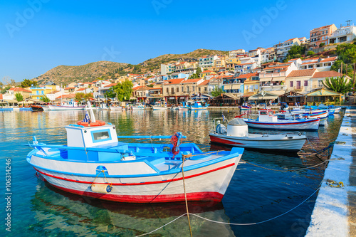 Typical colorful Greek fishing boats in Pythagorion port on Samos island, Greece