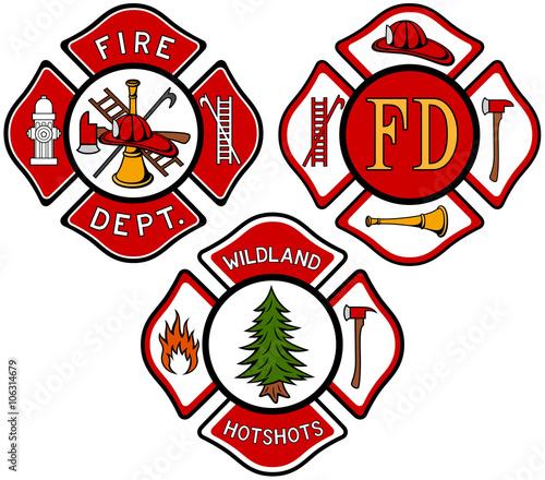 Vector illustration of a variety of fire department emblems.