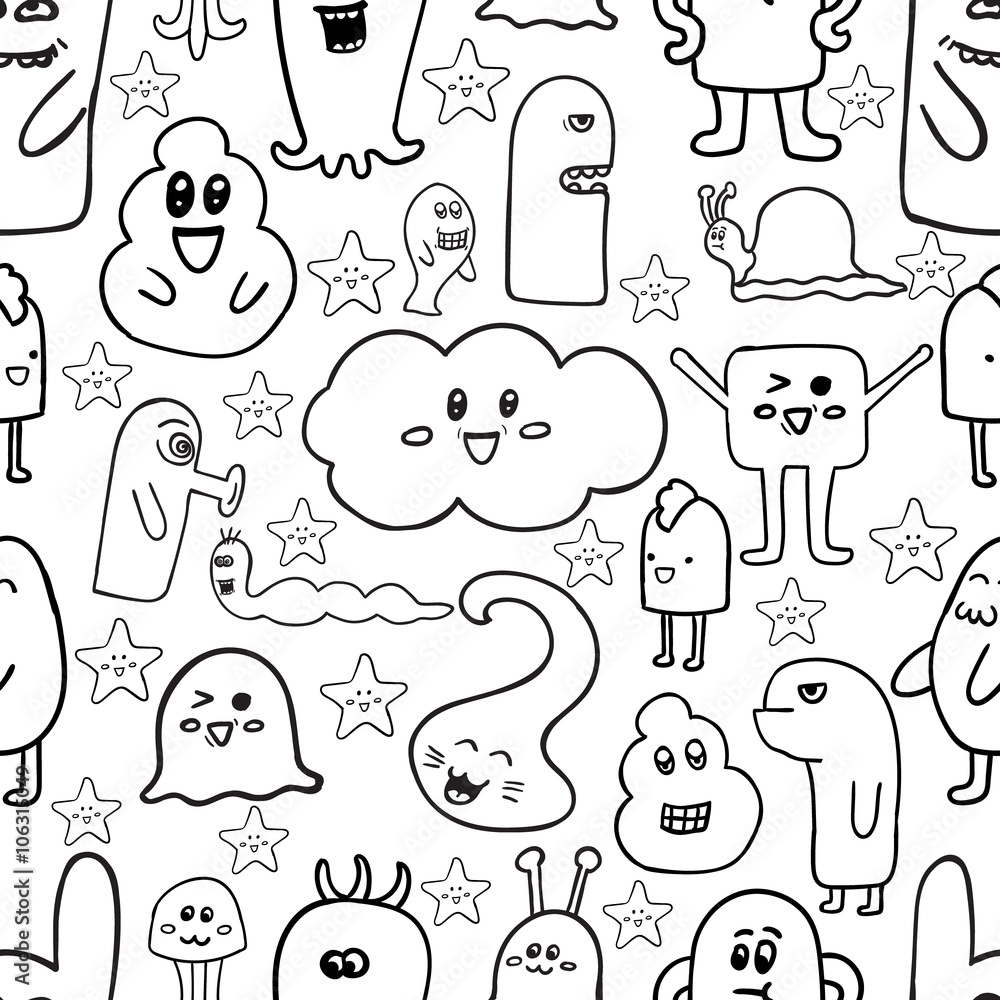 Doodle vector seamless pattern with monsters. Funny monsters graffiti. can be used for backgrounds