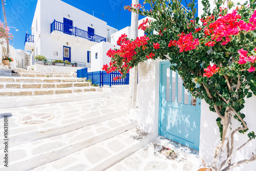White cycladic streets with bougainvillea on Paros island, Greece