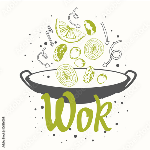 Vector food illustration with wok pan. Sketch style.