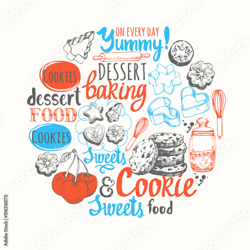 Funny sketch with sweet pastries symbols on black background. 