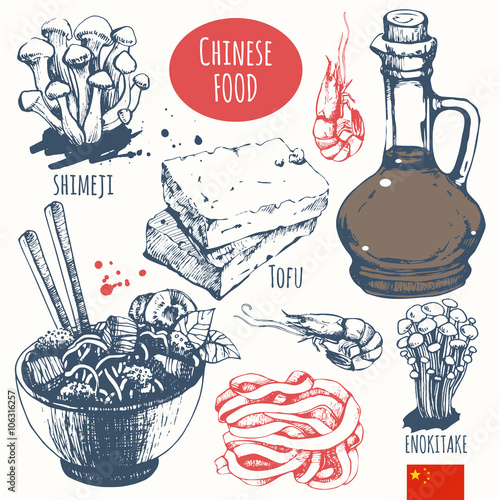 Chinese food in the sketch style. Main course and snacks.