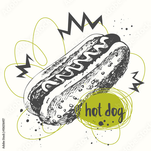 Vector illustration  Hot Dog with sketch. Sketch design. 