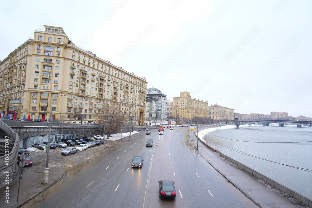 Moscow, Russia - January, 30, 2016: view of the embankment in the center of Moscow, Russia