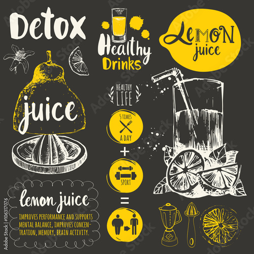 Useful drinks in sketch style on black background. 
