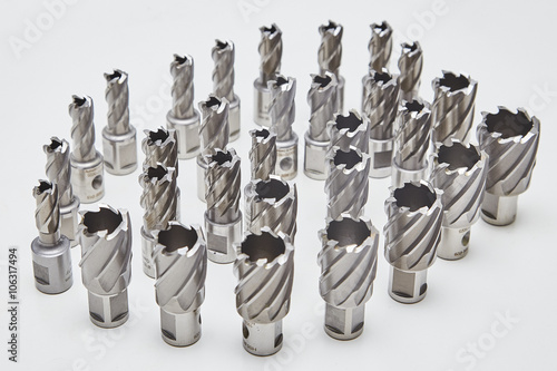 A bunch of heavy duty drill bits on studio white. HSS core drill for metal.