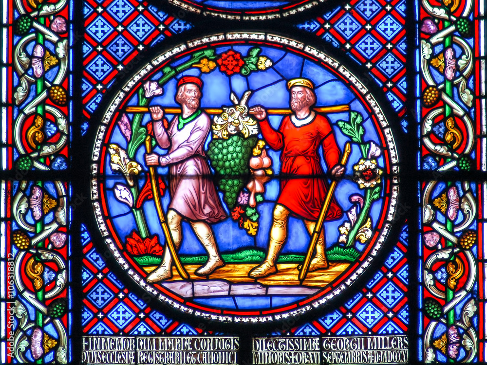 Ely Cathedral stained glass window, Joshua secretly sent two spies to scout out the fortified city of Jericho 