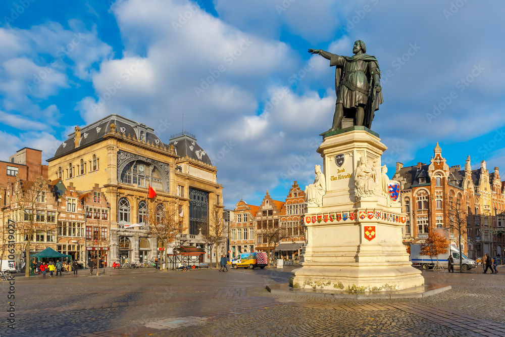 The famous square Friday Market with Jacob van Artevelde statue in the sunny morning, Ghent, Belgium