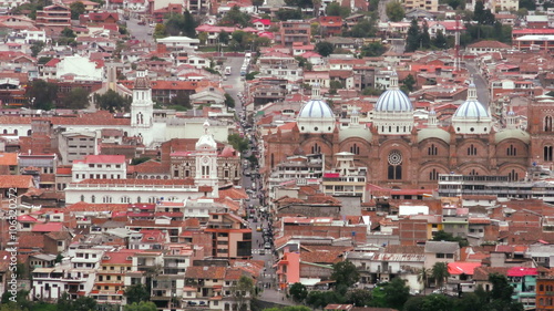 Capture the breathtaking beauty of Cuenca,Ecuador's colonial city,with a mesmerizing static shot over its historic old town.