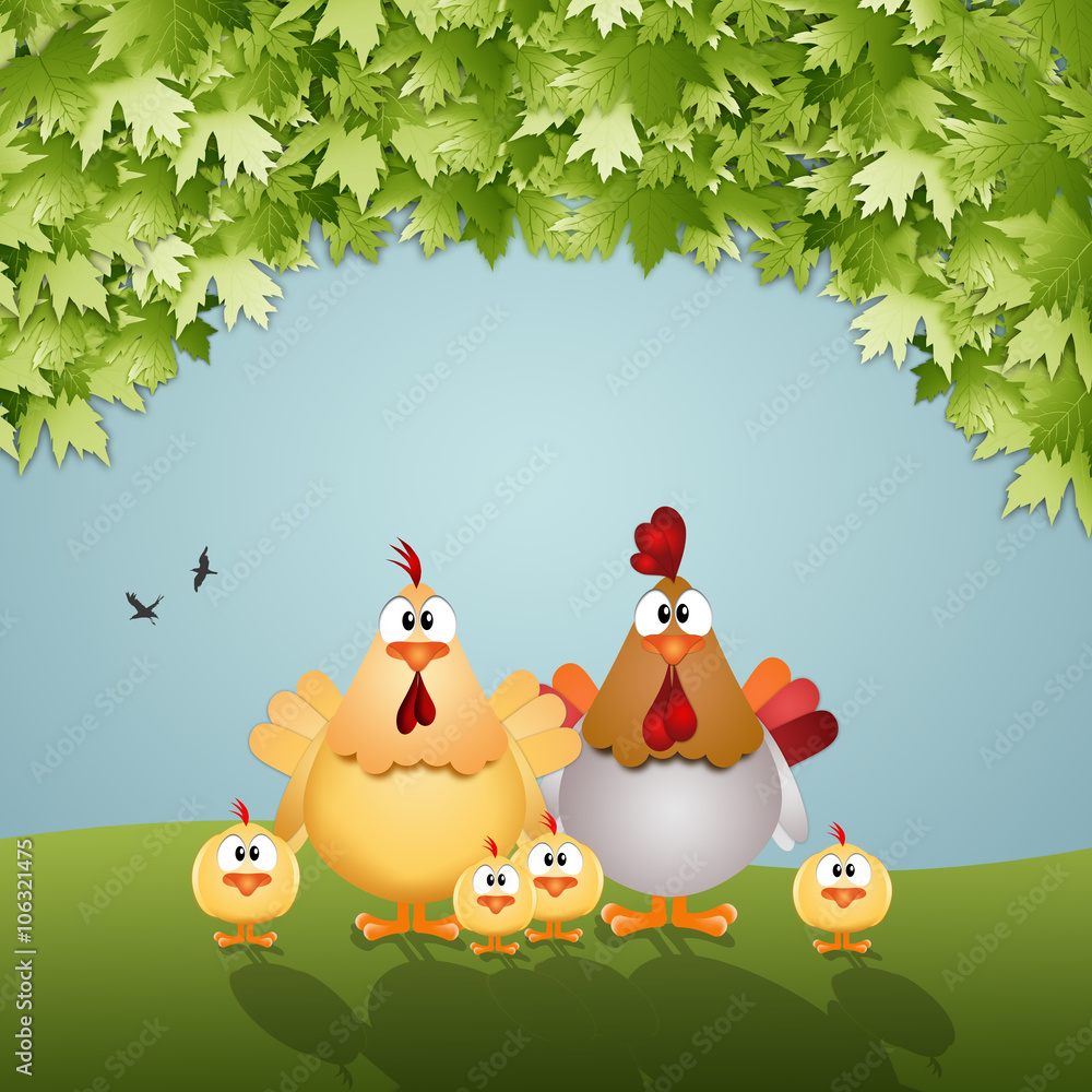 Obraz premium Funny hen with her family