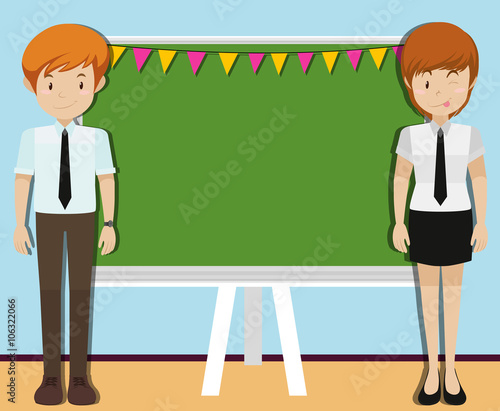 Man and woman in front of blackboard