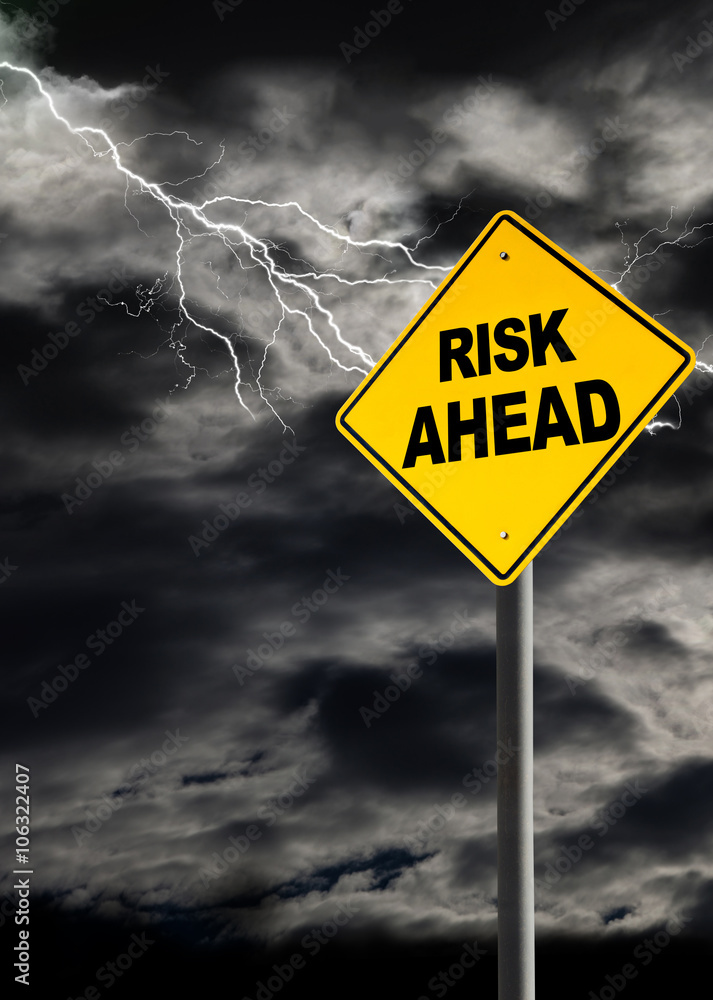 Risk Ahead Warning Sign Against Stormy Sky Risk Ahead Warning Sign Against Stormy Sky