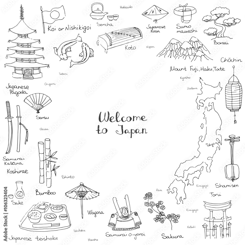Obraz premium Hand drawn doodle Welcome to Japan set Vector illustration with Japan major city's names Chochin-lantern Koto, Shamisen-musical instruments Koi-fish Koshirae-sword Teishoku-meal set Sensu-fan Kasa-hat