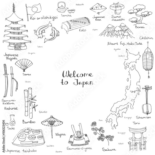 Hand drawn doodle Welcome to Japan set Vector illustration with Japan major city's names Chochin-lantern Koto, Shamisen-musical instruments Koi-fish Koshirae-sword Teishoku-meal set Sensu-fan Kasa-hat