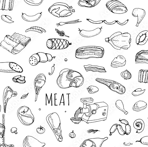 Seamless background hand drawn doodle set of cartoon different kind of meat and poultry Meat set Vector illustration Sketch meat elements collection Lamb Pork Mince Chicken Steak Bacon Sausage Salami