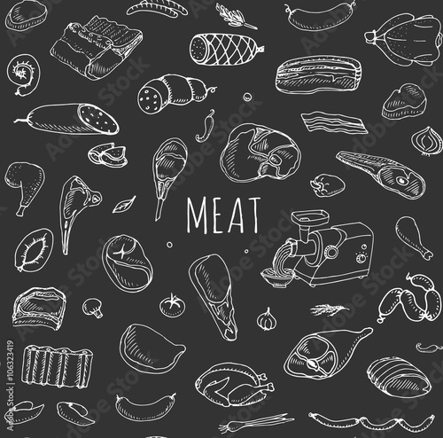 Seamless background hand drawn doodle set of cartoon different kind of meat and poultry Meat set Vector illustration Sketch meat elements collection Lamb Pork Mince Chicken Steak Bacon Sausage Salami