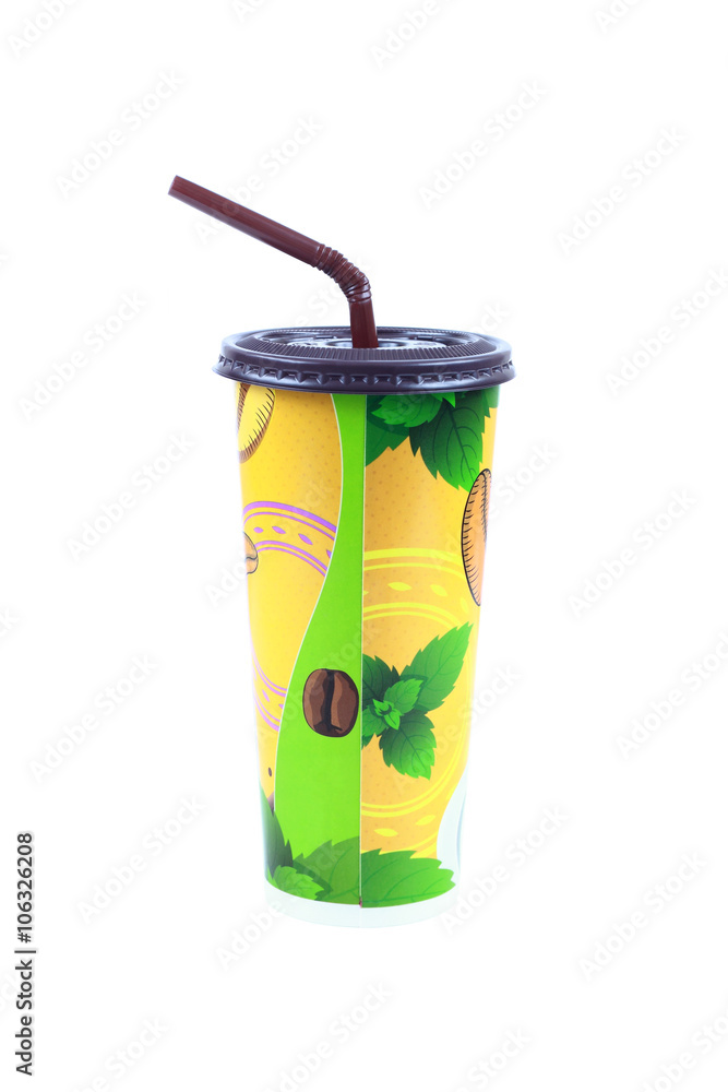 Fototapeta premium Colorful paper cup with straw isolated on white