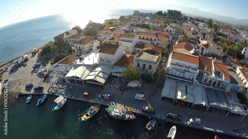 Aerial view of the traditional port of Pythagorio which is located at the greek island of Samos. 4k resolution photo