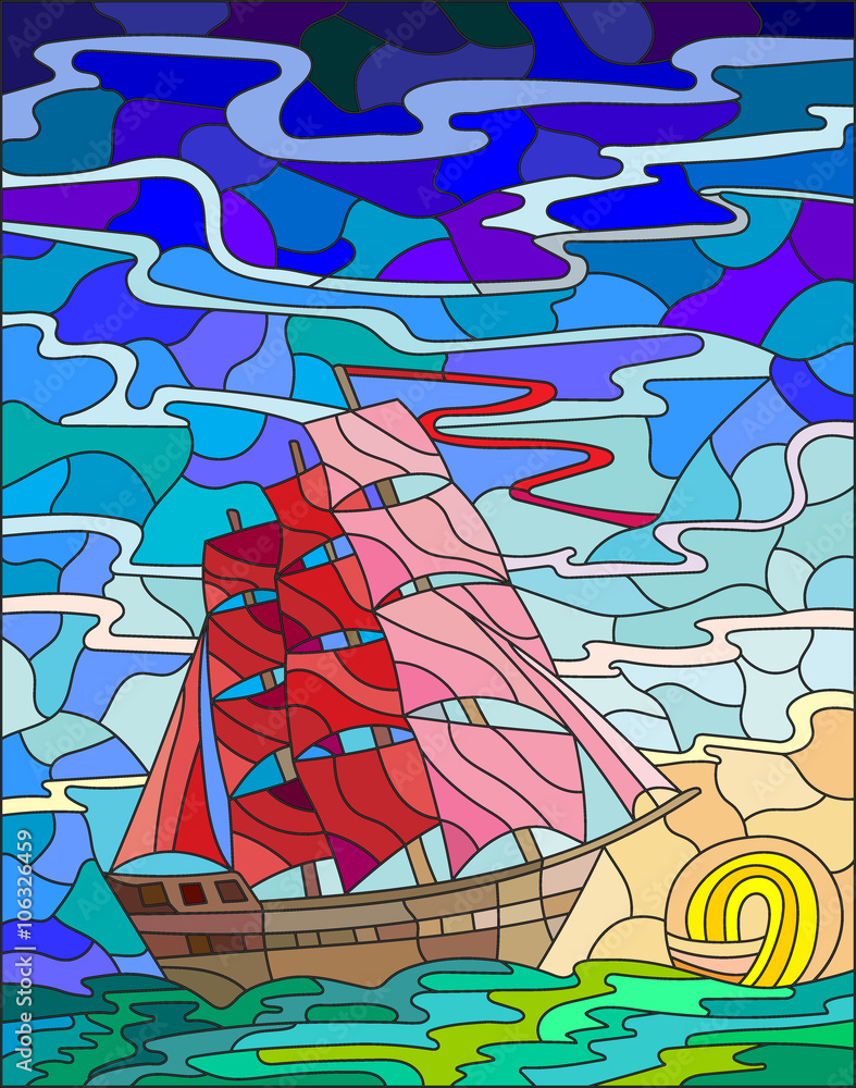 Illustration in stained glass style with the sailboat against the sky, the sea and the setting sun