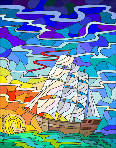 Illustration in stained glass style with sailboats against the sky, the sea and the sunrise