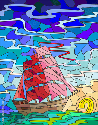 Illustration in stained glass style with the sailboat against the sky, the sea and the setting sun