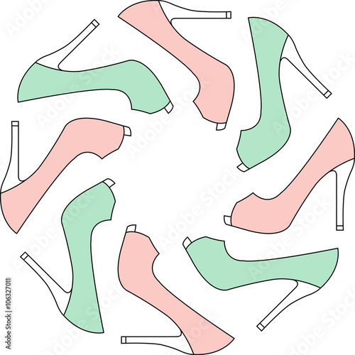 Set of different color shoes in circle