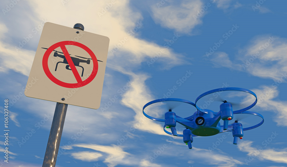 3D illustration of UAV drone with “no Drone Zone” graphic sign