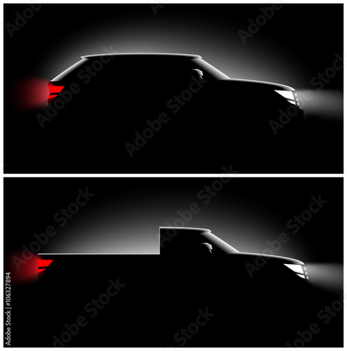 set of two pictures realistic pickup off-road car in the dark in the spotlight is a side view