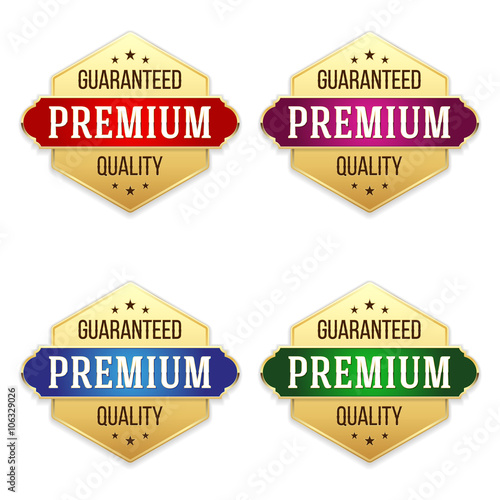 Four gold premium quality badges with different colors photo