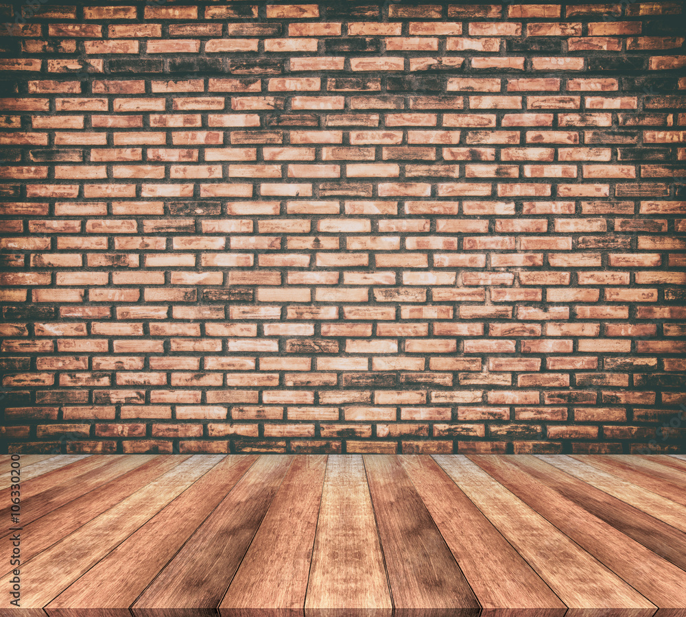 Vintage room interior with brick wall texture background
